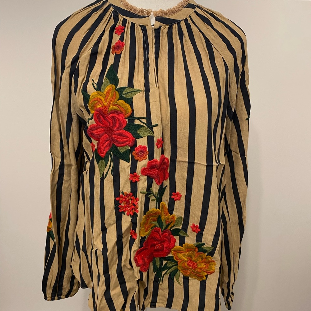 Floral Embroidered Striped Women's Blouse